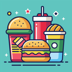 Fast Food Set with Burgers, Sandwiches, and Soft Drinks – Hand-Drawn Vector Illustrations in Retro and Pop Art Style.
