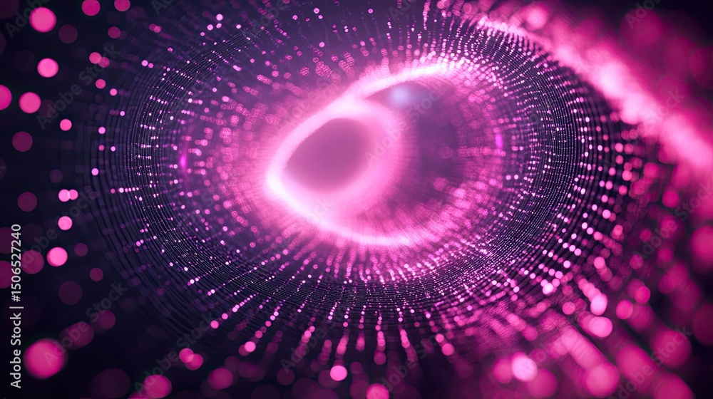Poster abstract pink vortex of light and particles with a dark background and glowing center point