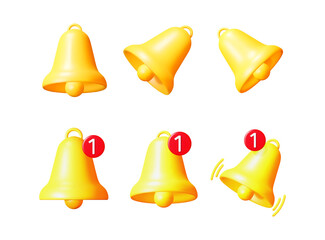 Set of 3d golden notification bell icon with one new message alert. Ringing bell for social media, website. New notification concept.