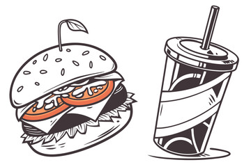 Fast Food Set with Burgers, Sandwiches, and Soft Drinks – Hand-Drawn Vector Illustrations in Retro and Pop Art Style.