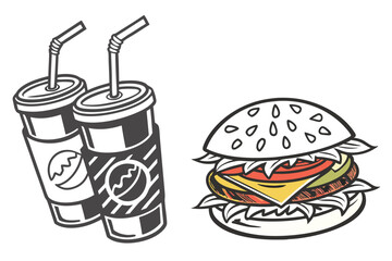 Fast Food Set with Burgers, Sandwiches, and Soft Drinks – Hand-Drawn Vector Illustrations in Retro and Pop Art Style.