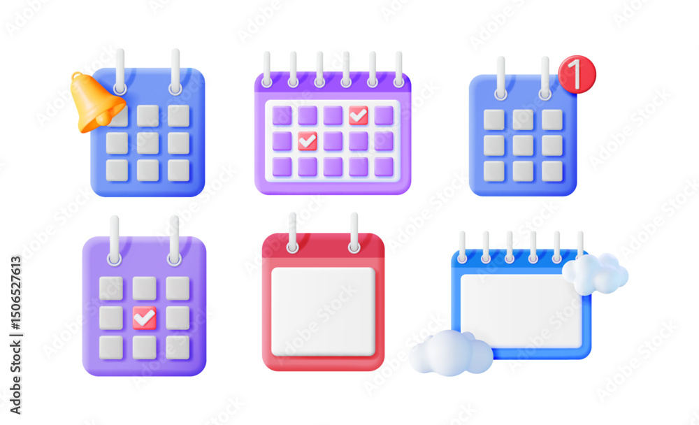 Poster various 3d calendar icon illustrations. set of colorful calendars with different signs. online sched