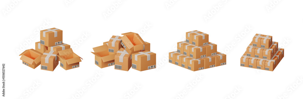 Poster four different stacks of 3d rendering cardboard boxes on a white background. delivery and shipping c