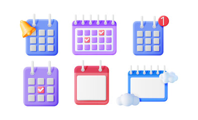 Various 3d calendar icon illustrations. Set of colorful calendars with different signs. Online schedule planning and event reminder concept.