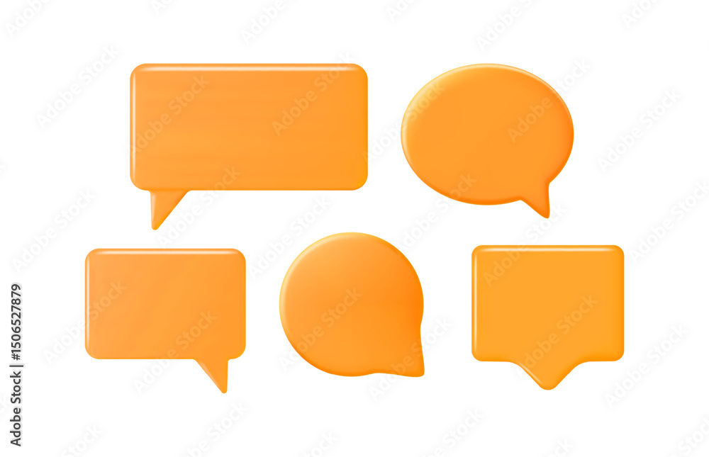 Poster set of orange 3d speech bubble or chat box geometric shapes. glossy plastic empty message frame ball