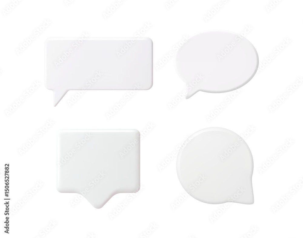 Fototapete set of different white 3d speech bubble shapes. blank chat box frames for message, comment, or notif