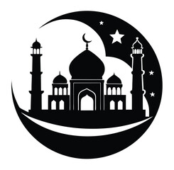 Taj Mahal Silhouette with Crescent Moon and Stars
