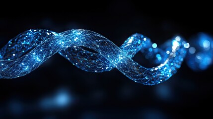 Illuminated blue digital wireframe spiral against a dark background in a close up view