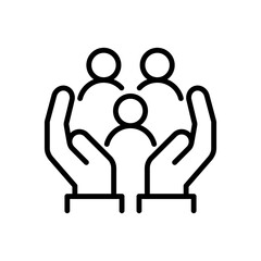 Two Hands Holding or Hugging Group People Symbol or Family Line icon set. Charity, Donations, Group Life Insurance, Caring Hands Family Medicine Vector Isolated on White Background. People icons set.