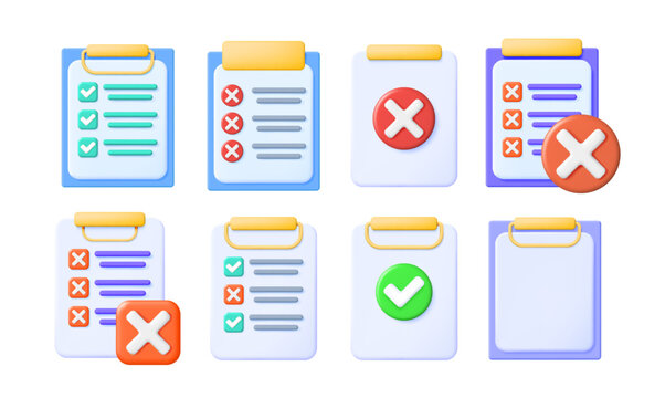Vector 3d illustration cartoon set of checklist, empty forms, document, clipboards with check mark for approval or agreement