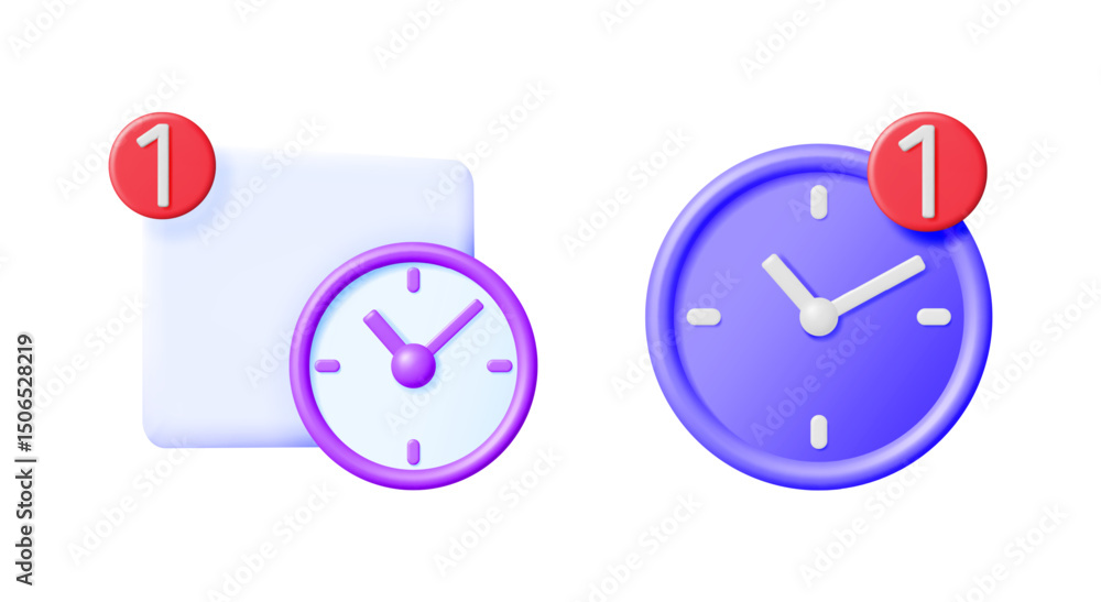 Poster two 3d vibrant icons depicting an important timed event and a scheduled reminder. time management an