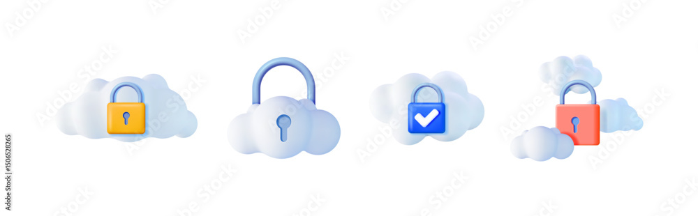 Poster set of 3d cloud computing icon with padlock. data protection and cloud storage security. digital inf