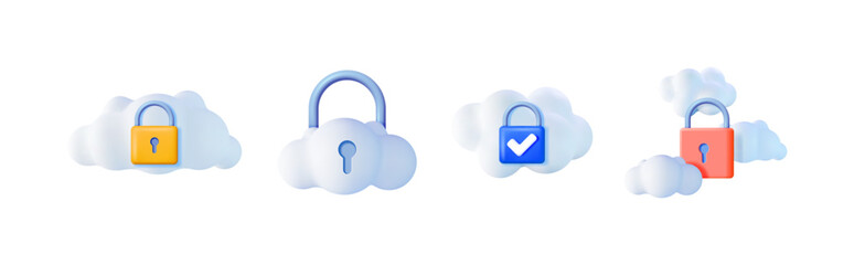 Set of 3d cloud computing icon with padlock. Data protection and cloud storage security. Digital information safety and privacy.