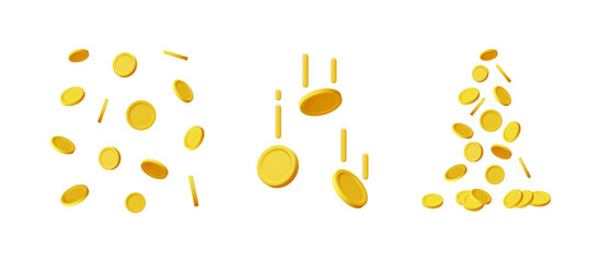 Falling gold coins set in three different poses with varying distribution for financial concepts. Vector 3d illustration.