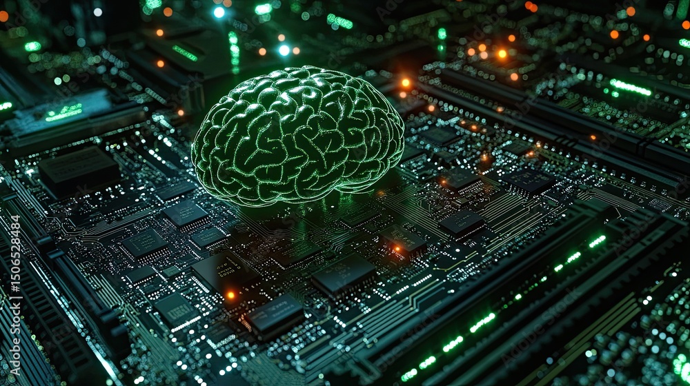 Poster glowing brain hologram on a complex circuit board with green and orange lights in dark setting