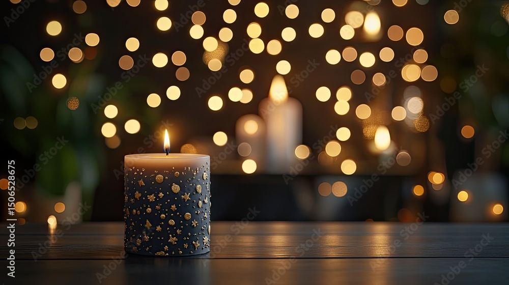 Poster lit candle with gold stars and bokeh lights creating a warm and festive atmosphere indoors setting