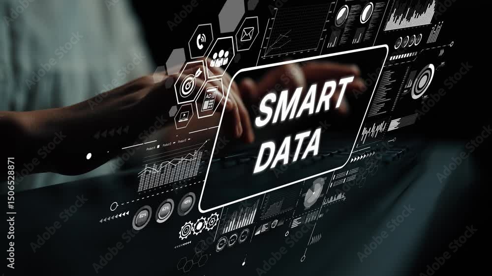 Poster hands engaging with smart data visualization on digital screen for modern analytics and business int