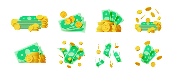 Set of 3d vector illustrations featuring money stacks and falling coins. Financial success and wealth growth concept. Digital banking, investment, or economy.