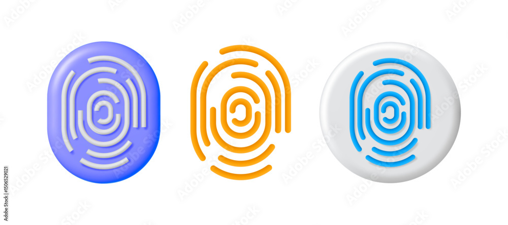 Poster three set of 3d fingerprint icons for secure digital authentication. biometric identity access techn