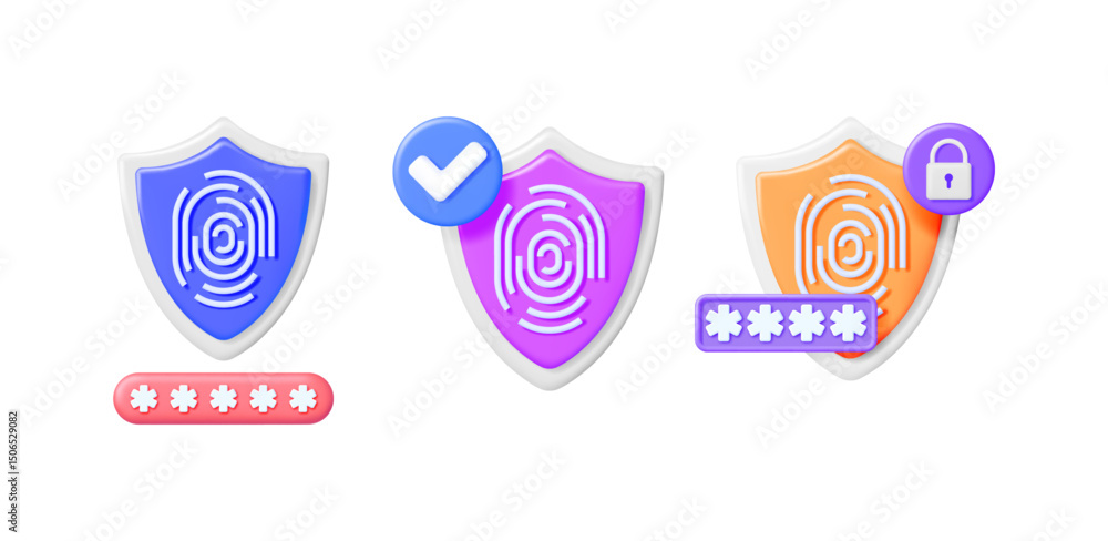 Poster three vector 3d shields with fingerprint scan, secure password and padlock icon. data protection and