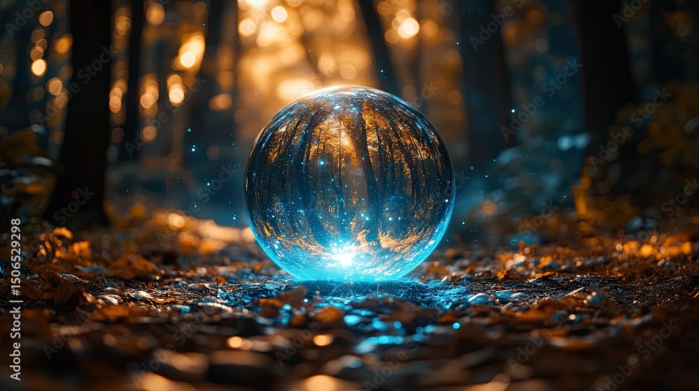 Poster glowing orb reflecting a forest scene resting on the forest floor with blurred trees in the backgrou