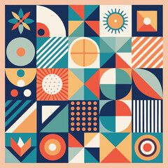 Geometric pattern vector background with Scandinavian abstract color or Swiss geometry prints of rectangles, squares and circles shape design