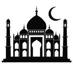 Solid Taj Mahal with Crescent Moon Black vector icon