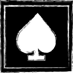 White hand drawn Spade Icon on Black Background. Playing Card Symbol Illustration in frame.
