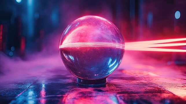 A glowing crystal ball on a wet surface with neon lights in a futuristic cityscape background
