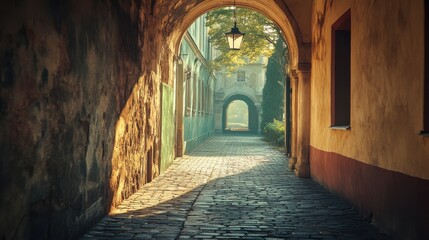 Fototapeta premium Sunlit Cobblestone Alleyway Aged Stone Walls and Sun Drenched Courtyard