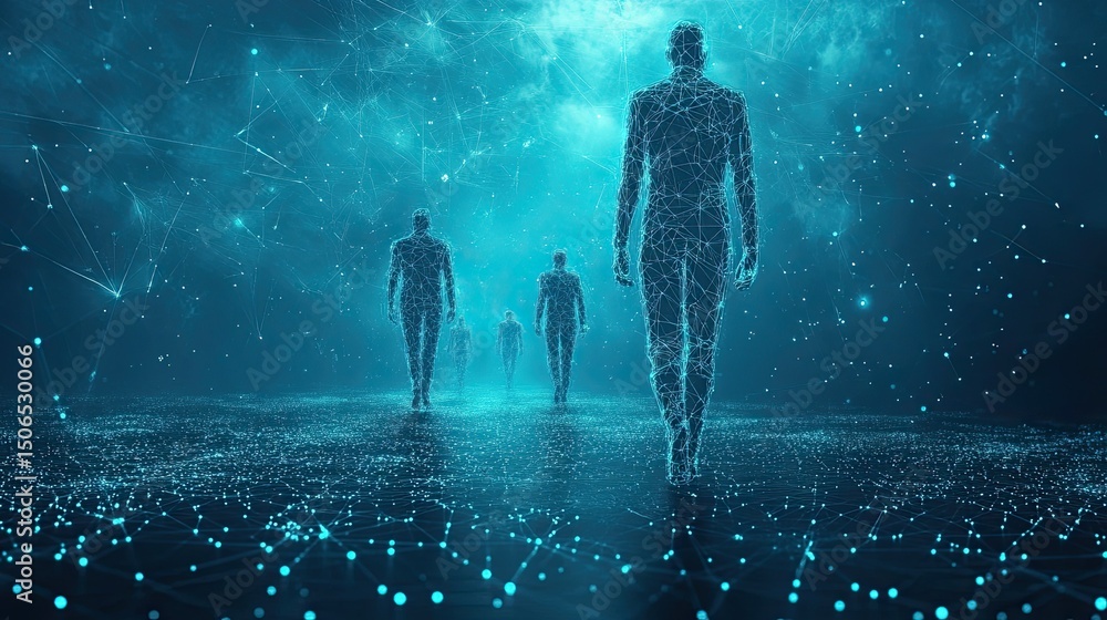Poster digital figures walking in a blue abstract landscape with glowing particles and connections visible