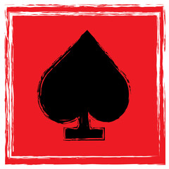 Black hand drawn Spade Icon on Red Background. Playing Card Symbol Vector Illustration in frame with brush stroke border.

