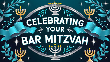 Celebrate your Bar Mitzvah with this festive design featuring menorahs, teal ribbons, and elegant flourishes. Perfect for invitations or announcements.