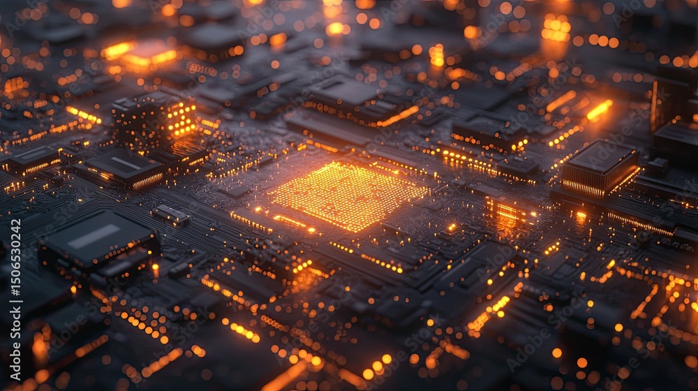 Poster close up of a glowing computer chip with orange lights and dark background showing circuit board