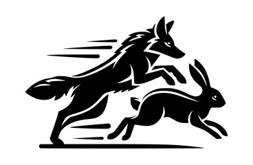 Fototapeta premium Coyote Chasing Rabbit Silhouette Logo