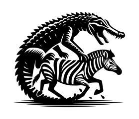 Crocodile Attacking Zebra Silhouette Logo