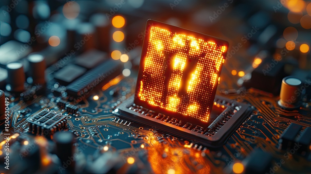 Poster a close up shot of a glowing chip on a circuit board with other components in the background