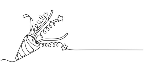 Party popper in continuous line drawing. Celebration-themed illustration on a white background, Party popper one line with ribbon and confetti.Congratulate and celebrate elements.Confetti logo.