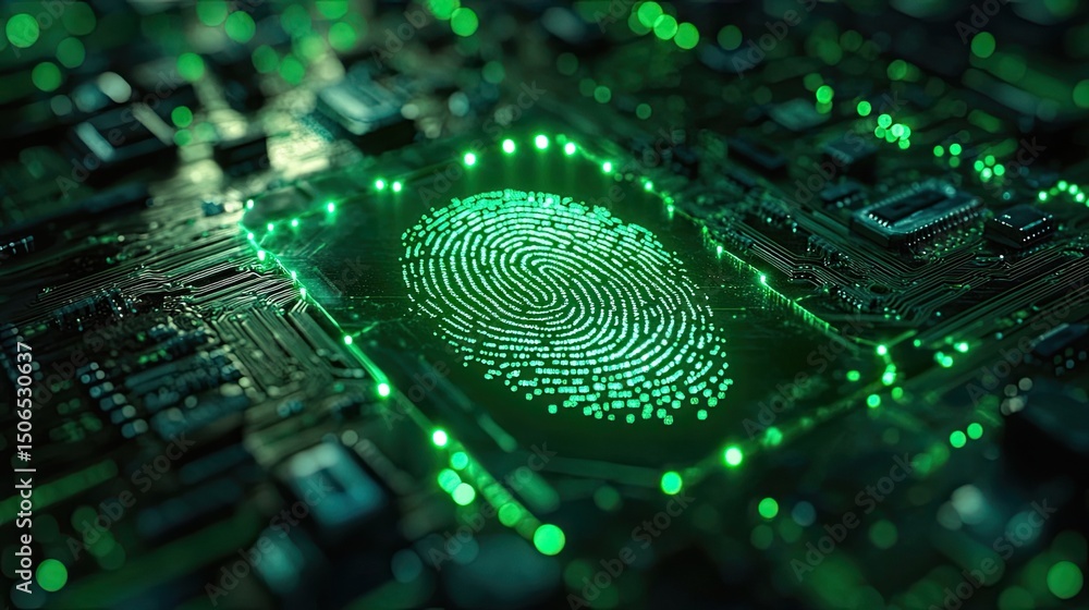 Poster a glowing green fingerprint on a computer circuit board with visible components and green lights aro