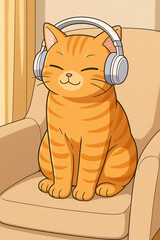 Anime Style Illustration of a Relaxed Orange Tabby Cat with Headphones - Generative AI