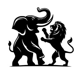Obraz premium Elephant Defending Against Lion Silhouette Icon Logo Black Vector