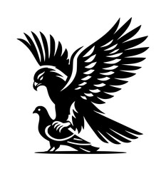 Obraz premium Falcon Capturing Pigeon Silhouette Logo Black White Background