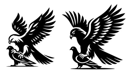 Obraz premium Falcon and Pigeon Silhouette Icon Logo Black Vector Design