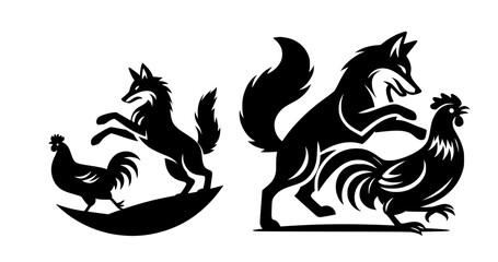 Obraz premium Fox Attacking Chicken Silhouette Icon Logo Black Vector