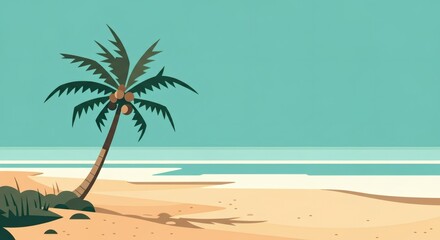 Obraz premium Serene Beach Scene Palm Tree on Sandy Shore with Ocean View