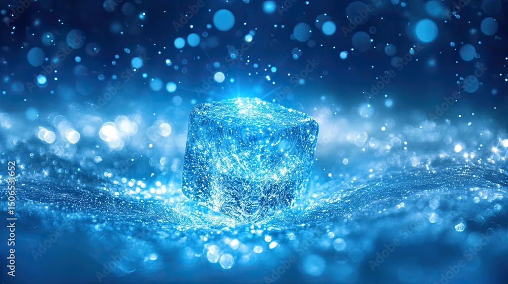 Aufkleber a glowing ice cube sits in sparkling blue water with bokeh lights in the background in a cool scene