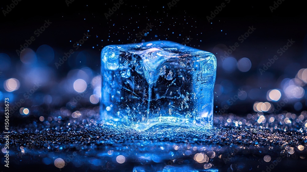 Poster a single ice cube illuminated with blue light on a reflective surface with bokeh background elements