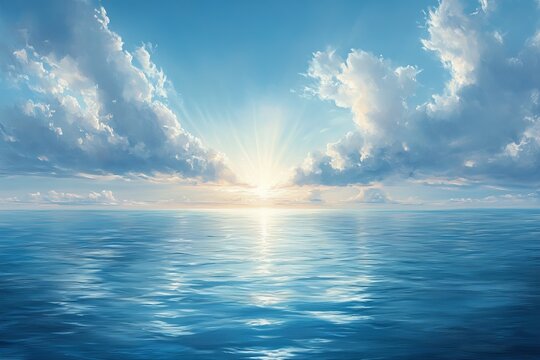 Ocean sunrise, calm sea, blue sky, clouds, peaceful background, website banner