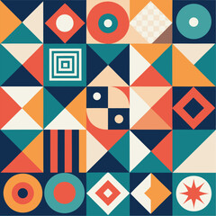 Geometric pattern vector background with Scandinavian abstract color or Swiss geometry prints of rectangles, squares and circles shape design