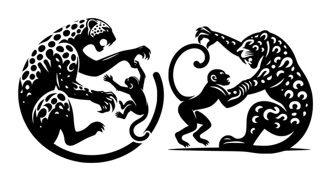 leopard attack on monkey silhouette vector